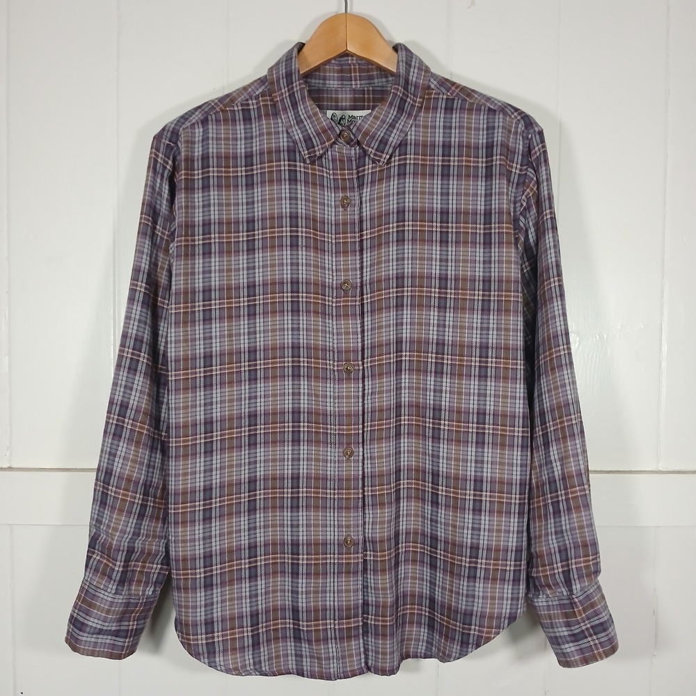Marmot Mountain Works Flannel Button Up Men M Purple Plaid Long Sleeve M14836